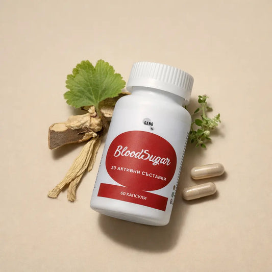 Хранителна добавка BloodSugar с 20 активни съставки, билки и капсули на бежов фон