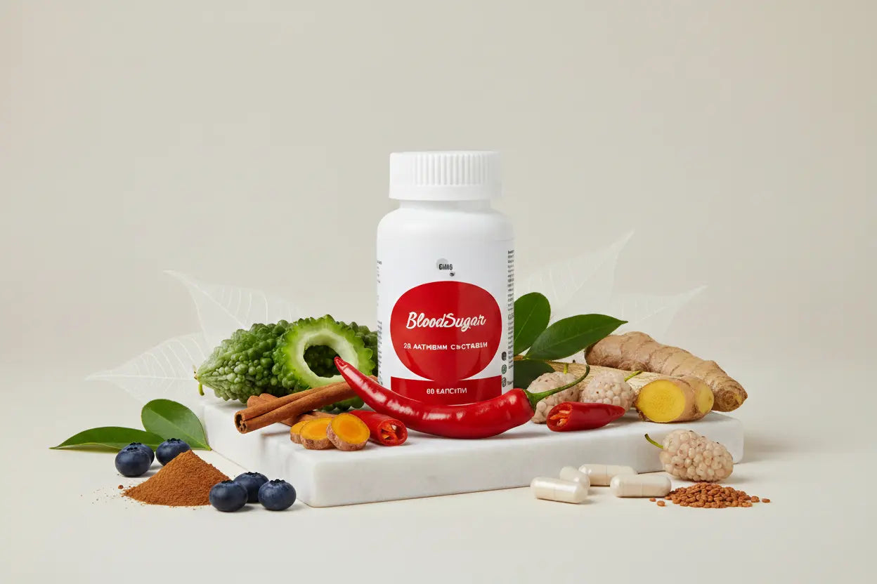 Хранителна добавка за кръвна захар с натурални съставки, люти чушки, билки и горски плодове