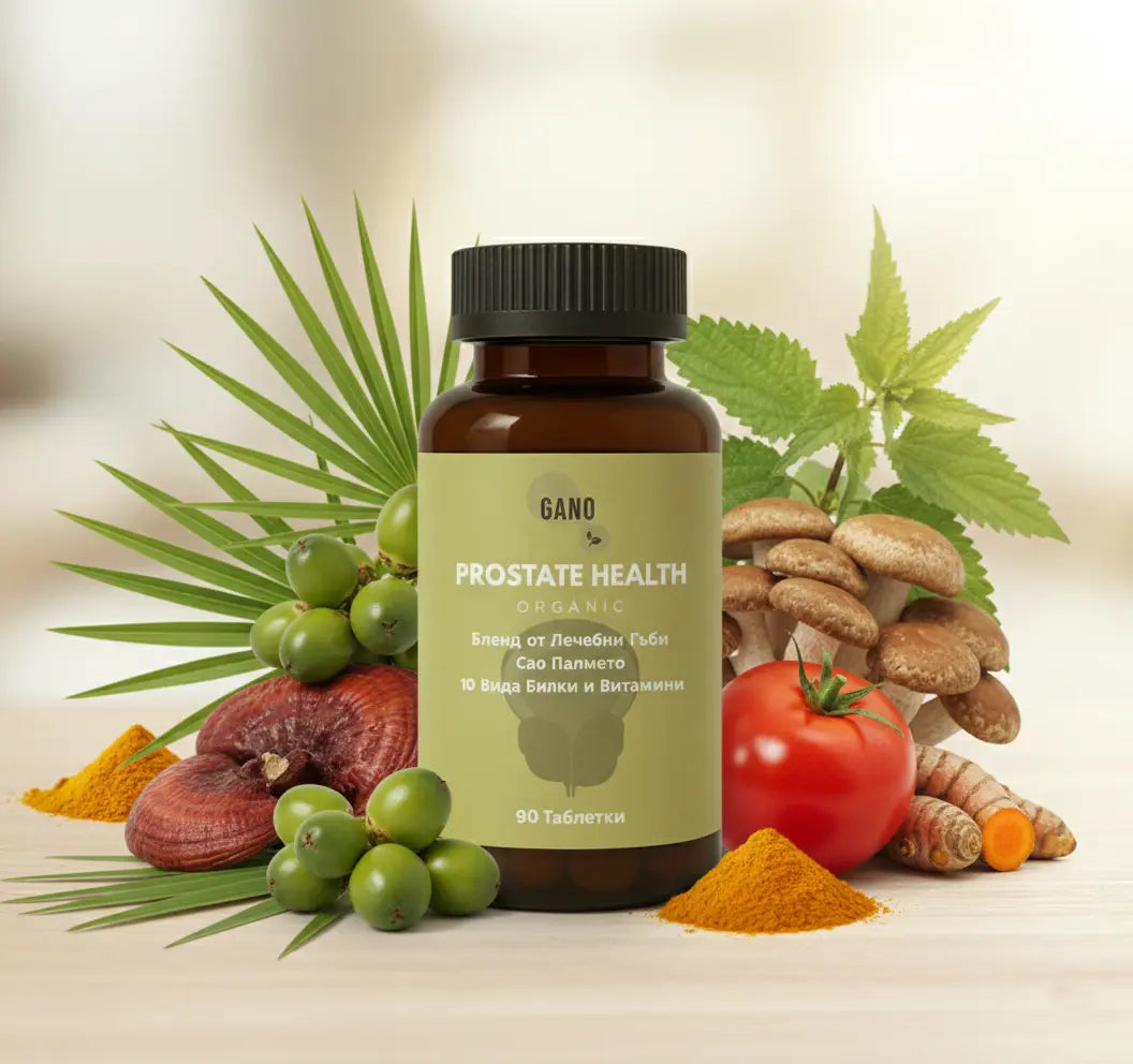 Бутилка хранителна добавка за простата с ганодерма, билки, домат и лечебни гъби