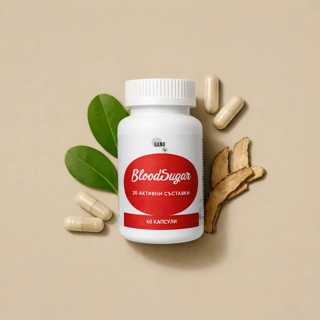 Бутилка Gano BloodSugar капсули с лечебни гъби, листа и корен на бежов фон