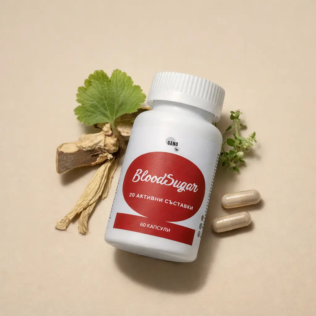 Хранителна добавка BloodSugar с 20 активни съставки, билки и капсули на бежов фон