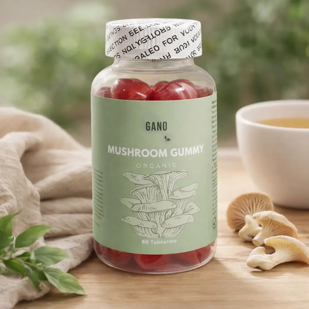 Органични гъбени желирани бонбони, 60 таблетки, до гъби и билки на дървена маса